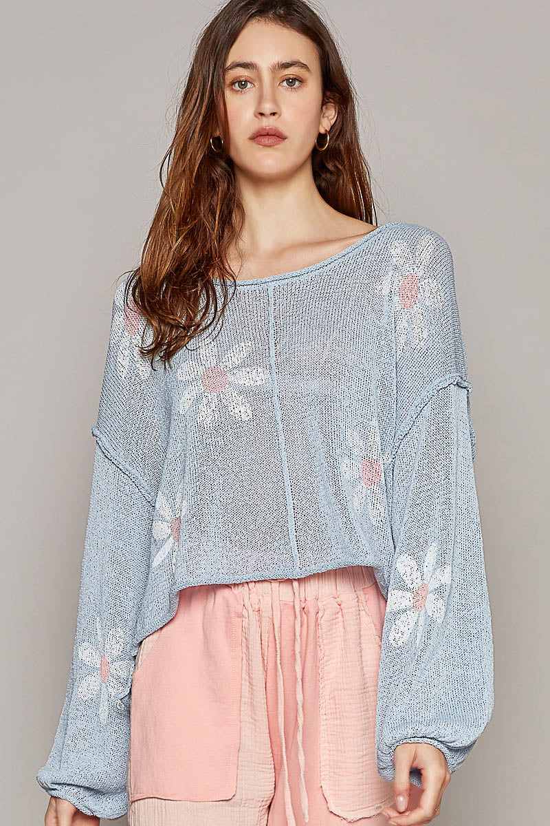 Floral Print Round Neck Balloon Sleeve Sweater Top