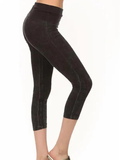 Mineral Washed Capri Leggings w/ Tummy Control Wide Fold-over Waistband (2 Options)