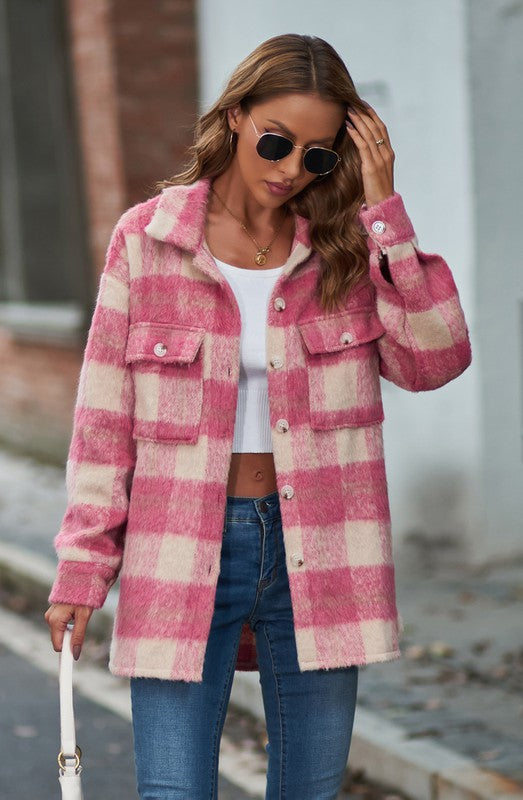 Comfort in Pink Thick Plaid Button-Down Shirt Jacket Shacket