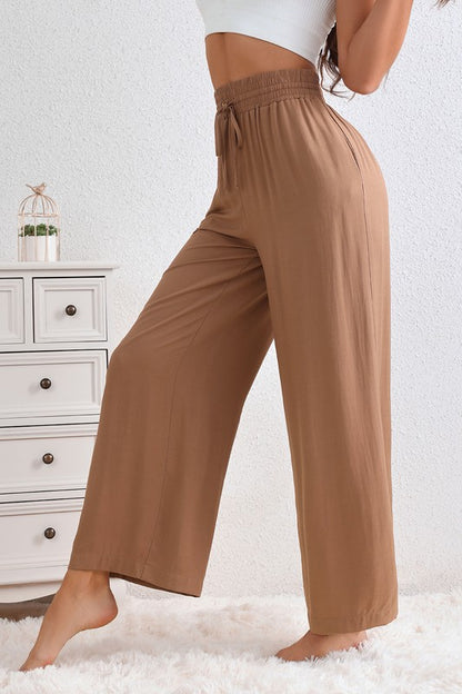 Brown Drawstring Elastic Waist Wide Leg Pants