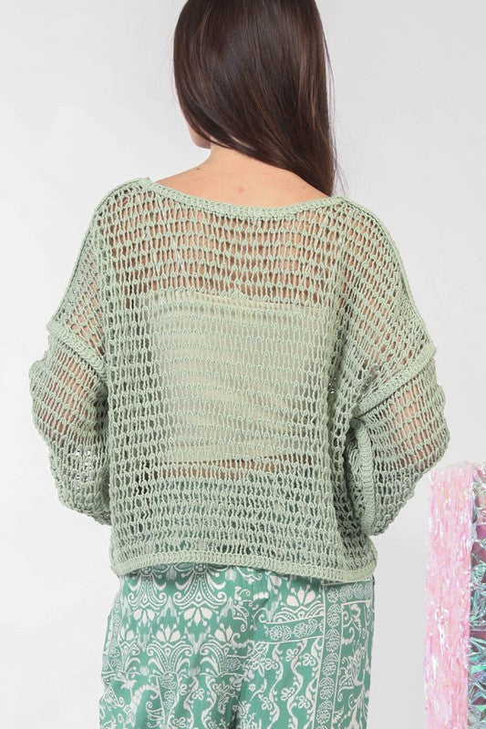 Loose Fitted Waist Length Crochet Knit Top