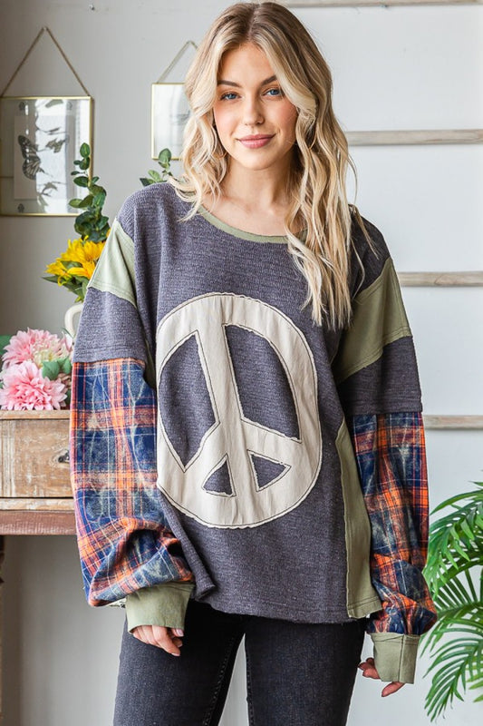 Peace Plaid Sleeve Pullover