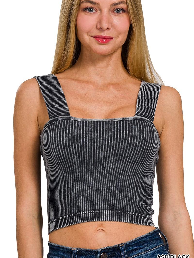 Washed Ribbed Square Neck Top w/ Removable Bra Pads (6 Options)