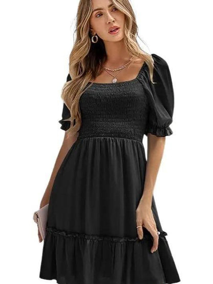 Styling in Black Casual Square Collar Bubble Sleeve Dress