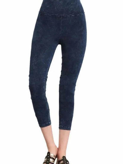 Mineral Washed Capri Leggings w/ Tummy Control Wide Fold-over Waistband (2 Options)
