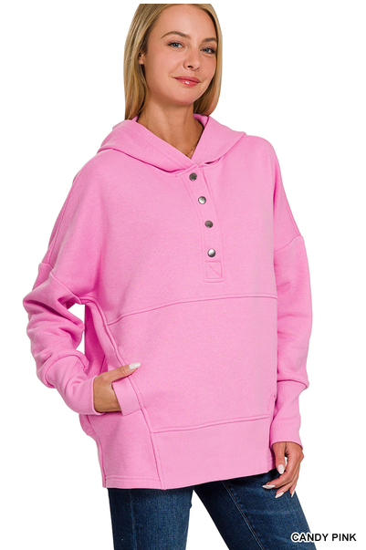 Half Button Hooded Pullover with Kangaroo Pocket (6 Options)