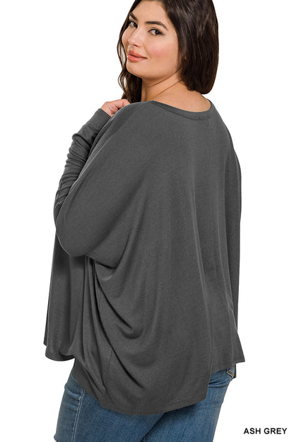 Plus Size Fashionable Dolman Sleeve Round Neck Top w/ Font Pocket