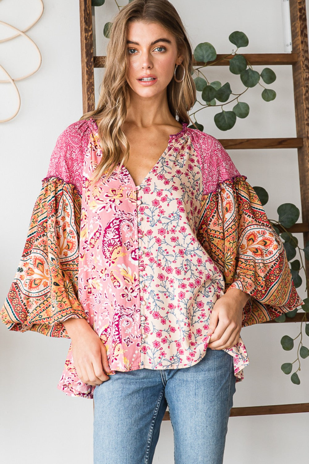 Button Front Print Mixed Blouse