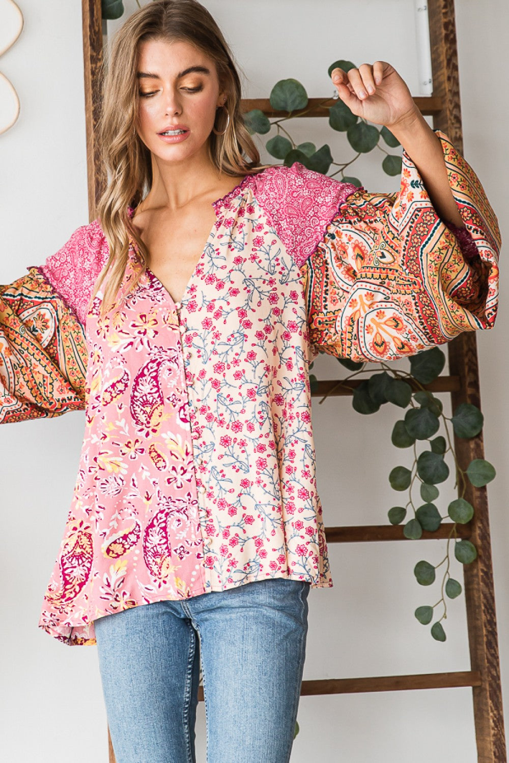 Button Front Print Mixed Blouse