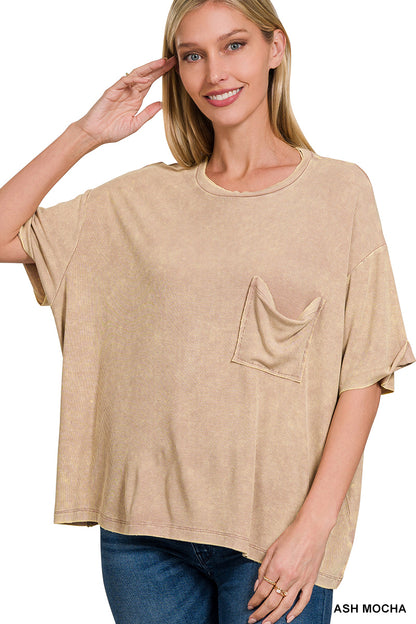 Washed Ribbed Cuffed Short Sleeve Round Neck Top (4 Options)