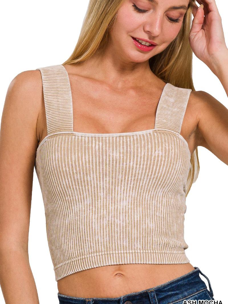 Washed Ribbed Square Neck Top w/ Removable Bra Pads (6 Options)