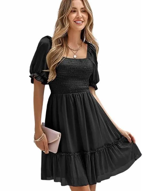 Styling in Black Casual Square Collar Bubble Sleeve Dress