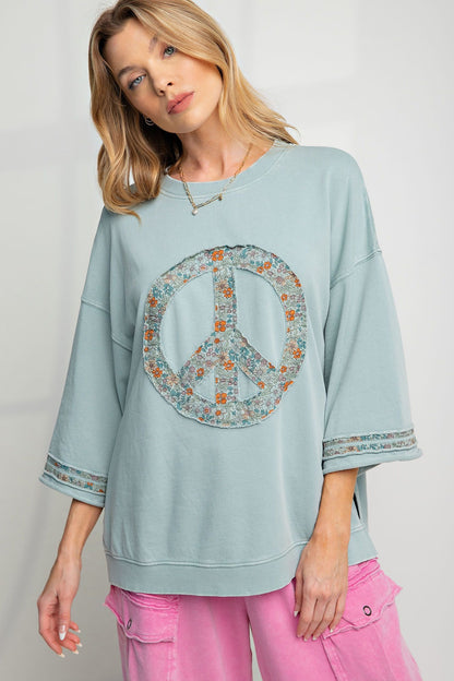 Mineral Wash Terry Floral Peace Sign Pullover